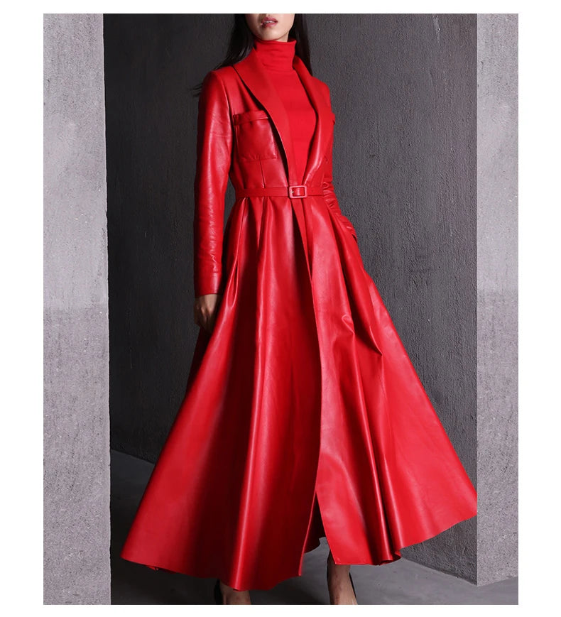 Nerazzurri High Quality Red Black Maxi PU Leather Trench Coat