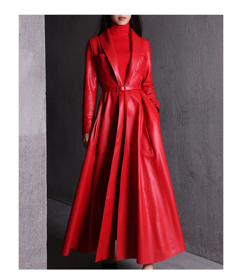 Nerazzurri High Quality Red Black Maxi PU Leather Trench Coat