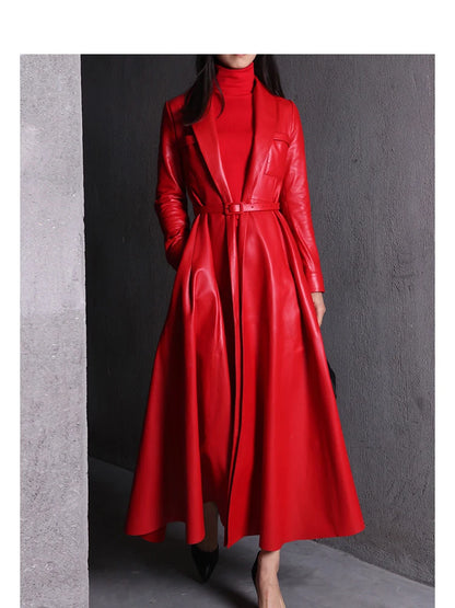 Nerazzurri High Quality Red Black Maxi PU Leather Trench Coat