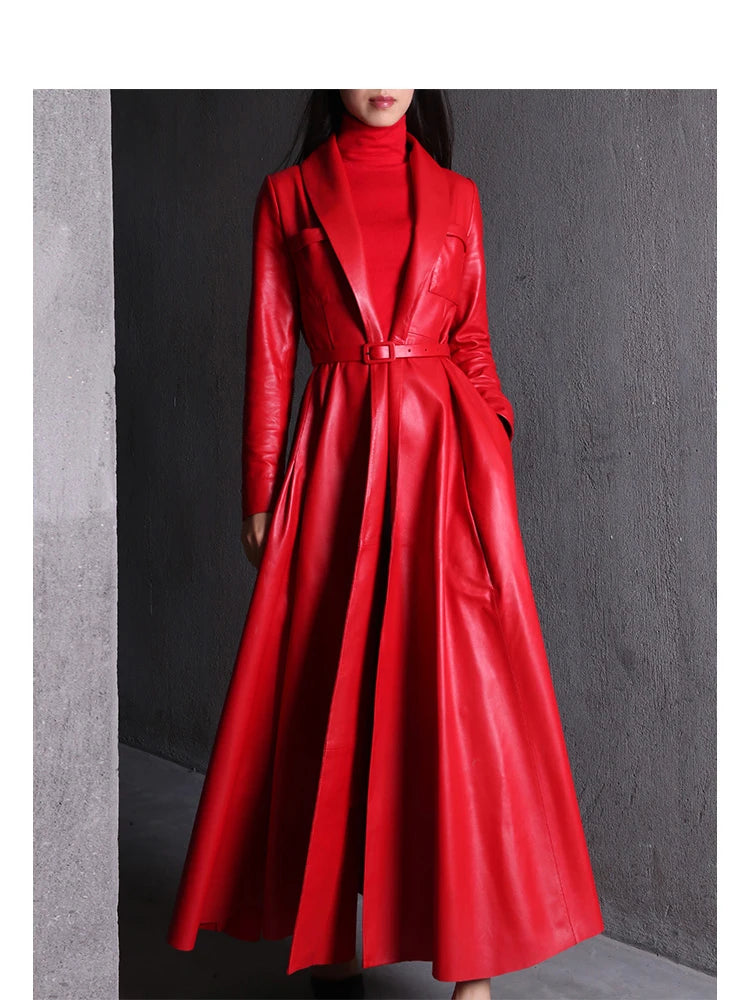 Nerazzurri High Quality Red Black Maxi PU Leather Trench Coat