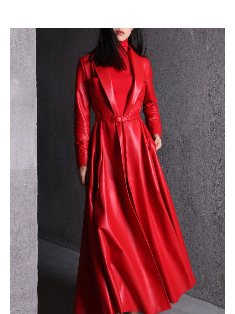 Nerazzurri High Quality Red Black Maxi PU Leather Trench Coat