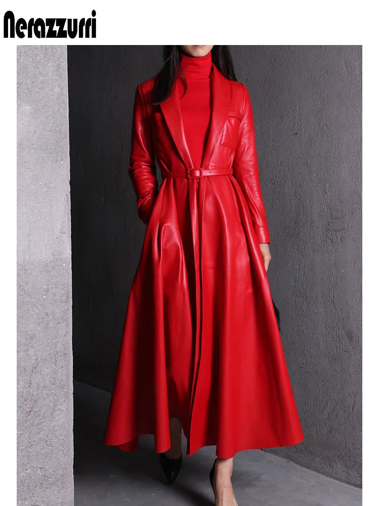 Nerazzurri High Quality Red Black Maxi PU Leather Trench Coat