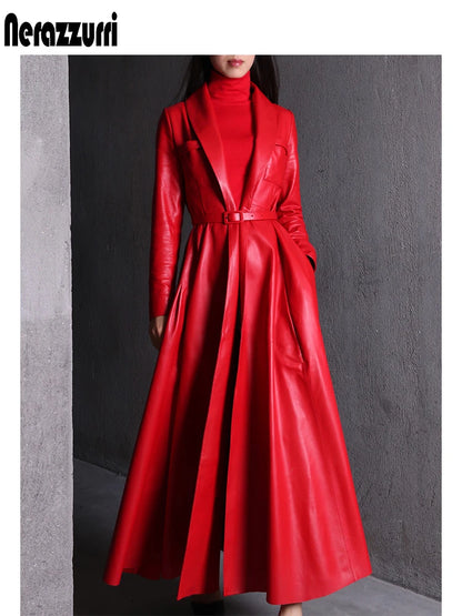 Nerazzurri High Quality Red Black Maxi PU Leather Trench Coat