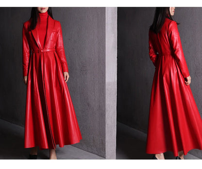 Nerazzurri High Quality Red Black Maxi PU Leather Trench Coat