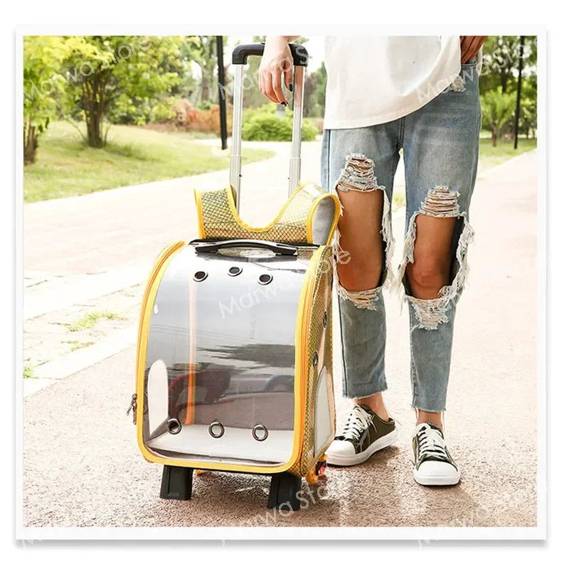 The capsule bag carrying pet  packaging Dog Cat Carrying Backpack Pet Travel Carrier with Double Wheels