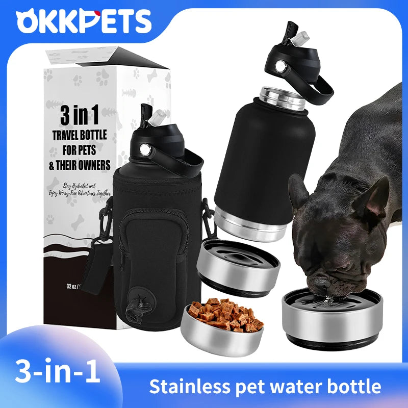 Keep Your Furry Friends Hydrated with the OKKPETS 3-in-1 Stainless Steel Dog Water Bottle!