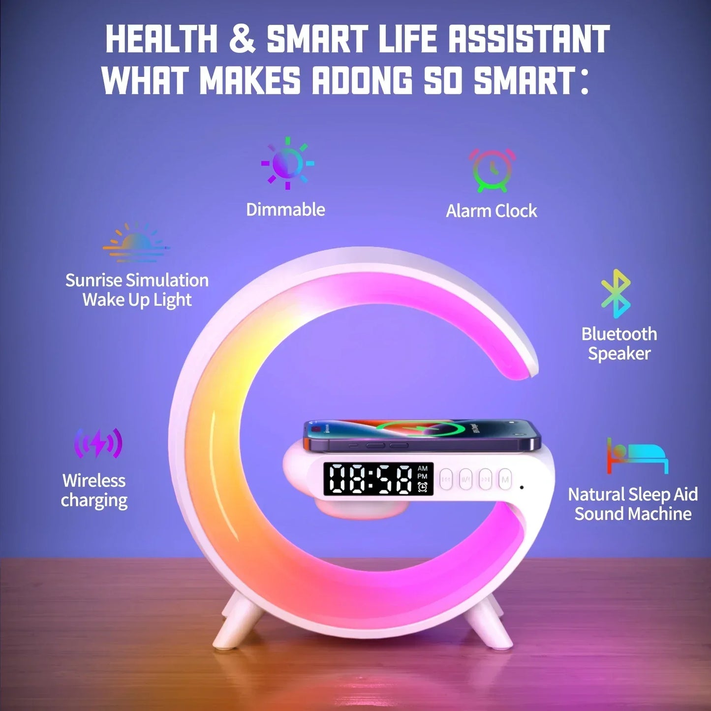 Multifunction Wireless Charger Stand with RGB Light and Alarm Clock